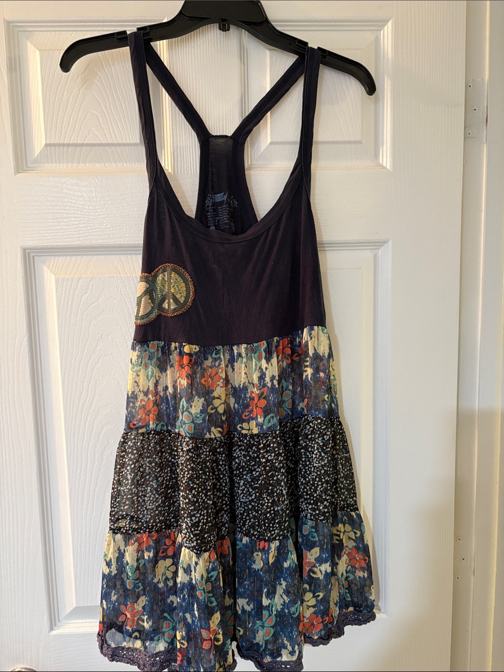 Summer Love tunic, mini, beach, Navy Floral Tiered Racerback  with Peace Patch